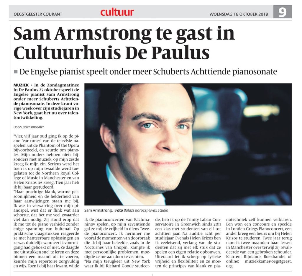 Sam Armstrong te gast in Cultuurhuis De Paulus Artikel 16-10-2019